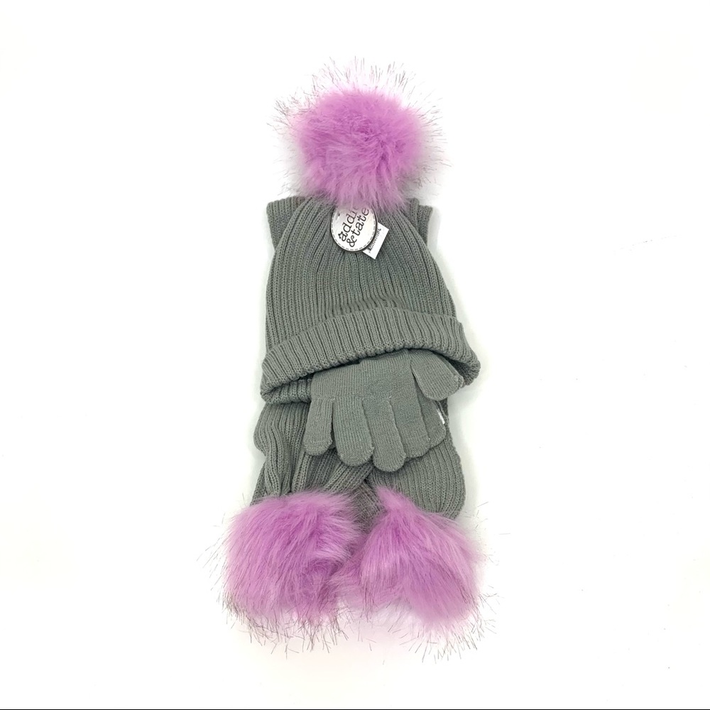 Addie & Tate 3 Piece Hat Mitten Scarf Set Soft Pom Pom Gray Lilac Purple New Nwt